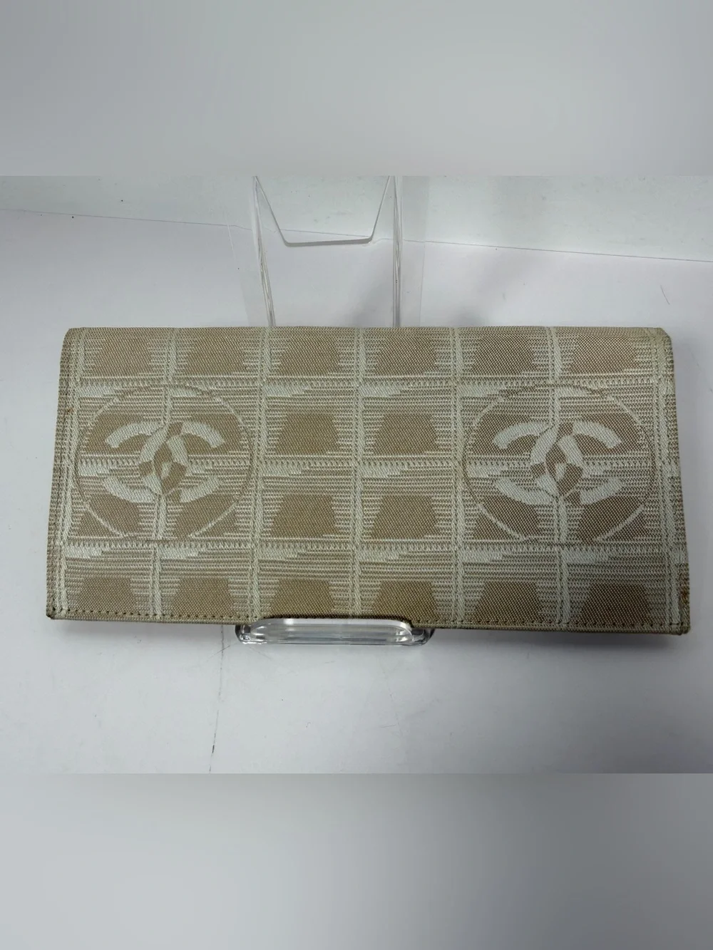 1270: Chanel Travel Line CC Logo Jacquard Beige Continental Wallet